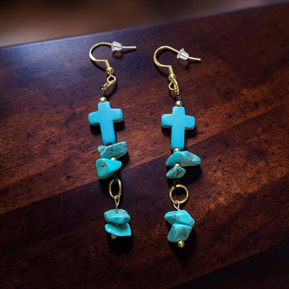 Turquoise Cross Dangle Earrings with Raw Stone Beads and Gold-Tone Accents